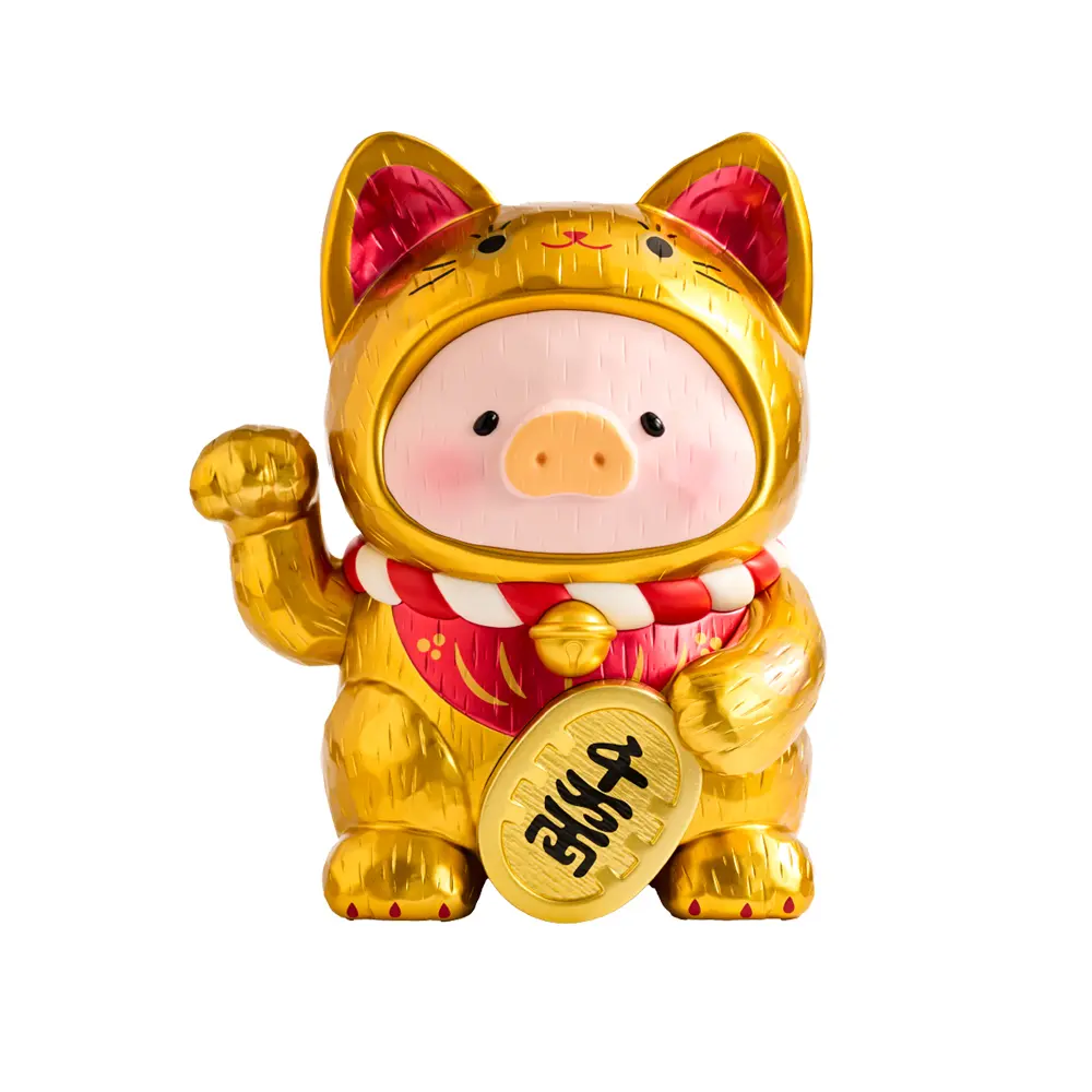 TOYZEROPLUS罐頭豬LuLu 18CM仿木雕招財Lu公仔/ 金貓