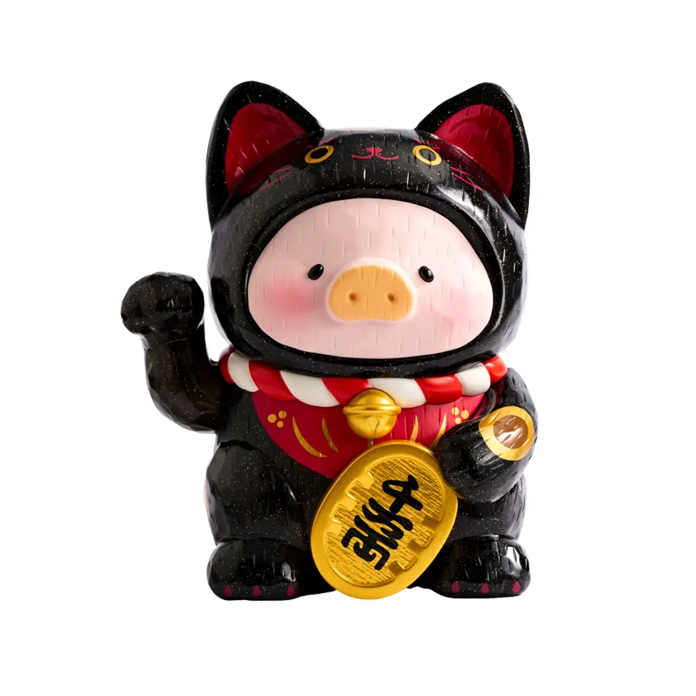 TOYZEROPLUS罐頭豬LuLu 18CM仿木雕招財Lu公仔/ 黑貓
