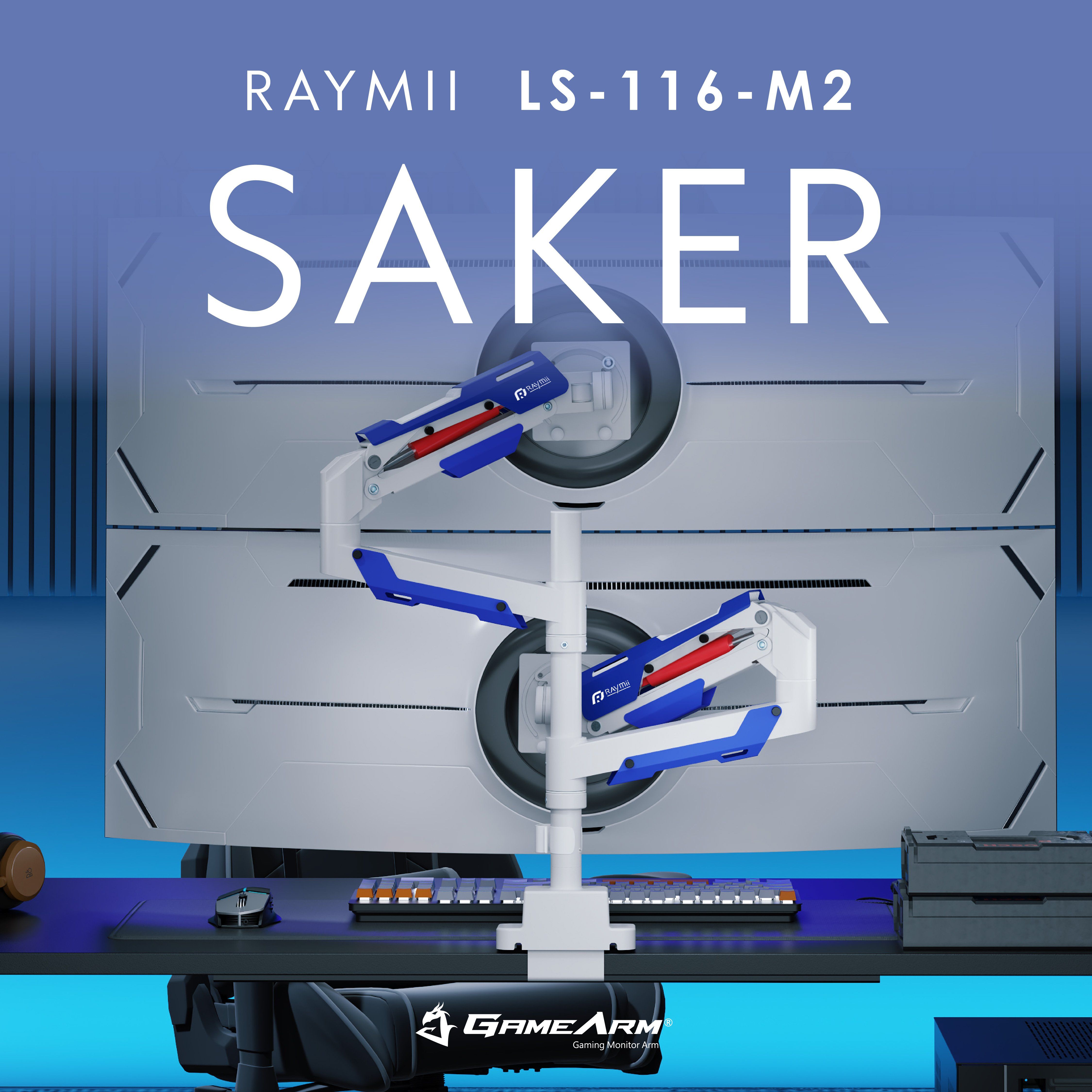 RAymii SAKER系列 LS-116-M2 高承重電競氣壓式雙螢幕支架 USB3.0 TYPE-C 螢幕架 螢幕增高支架/ 白藍