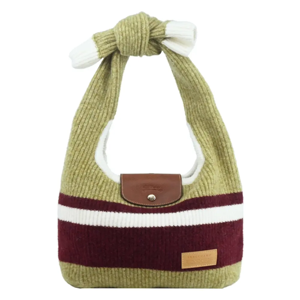LONGCHAMP LE PLIAGE COLLECTION系列羊毛針織蝴蝶結肩背包(開心果綠x酒紅)/平行輸入