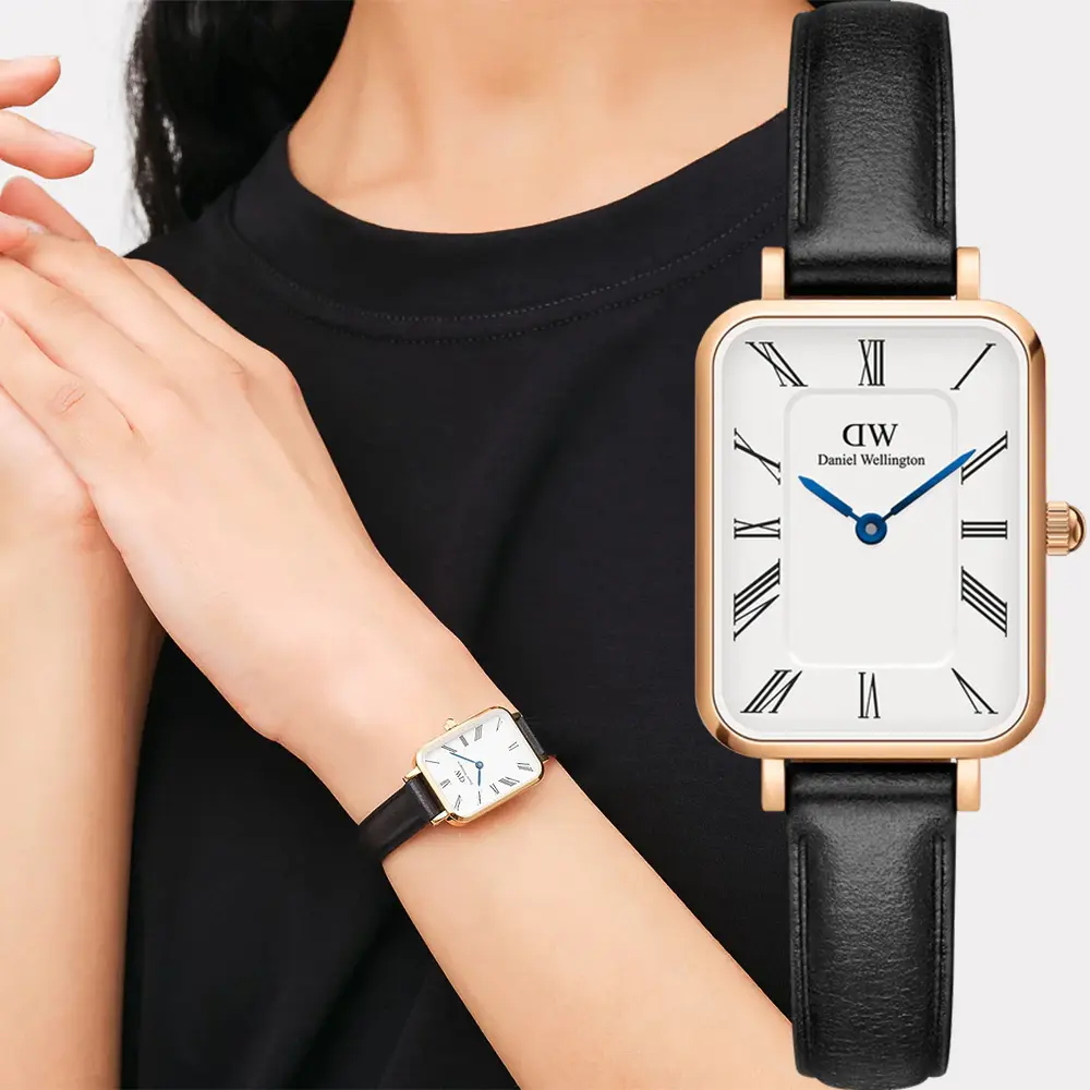 Daniel Wellington DW 女錶-20x26mm Quadro Sheffield 羅馬方形典雅手錶-玫瑰金框x黑皮帶(DW00100689)