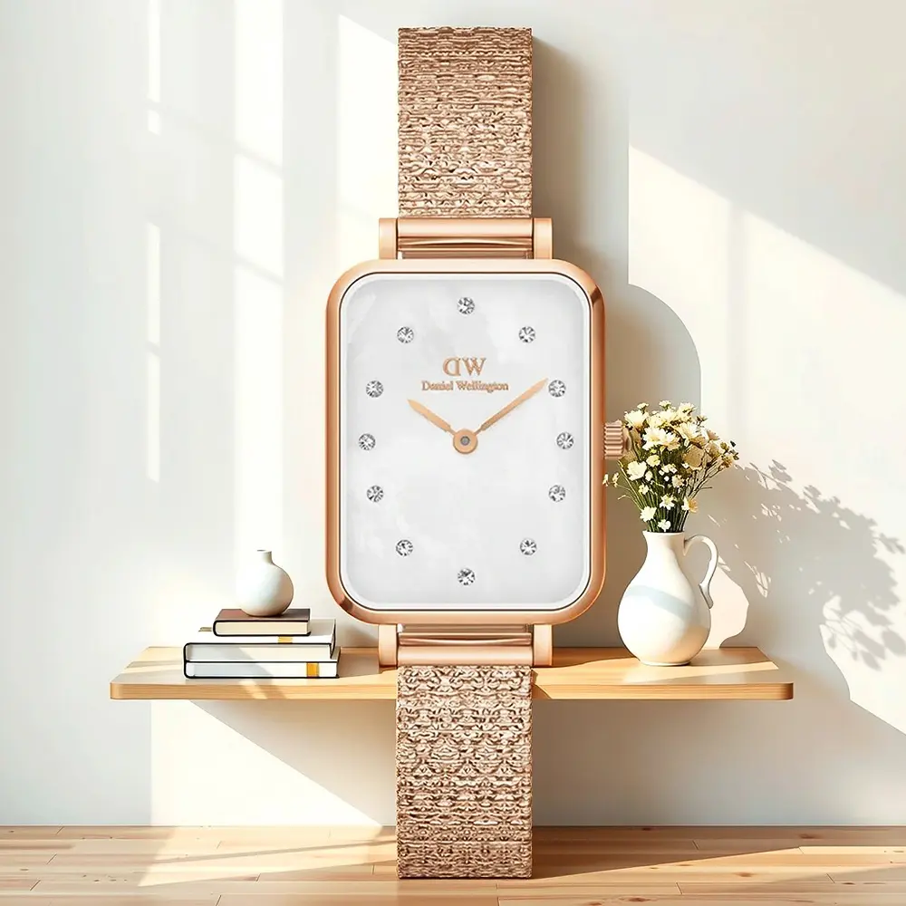 【Daniel Wellington】DW 女錶-20x26mm Quadro Lumine 珍珠貝晶鑽方形米蘭帶手錶-玫瑰金框(DW00100578)