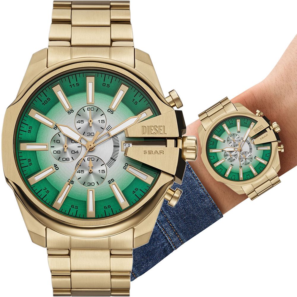 DIESEL Mega Chief Slim 大錶徑漸層綠三眼計時手錶-48mm (DZ4684)