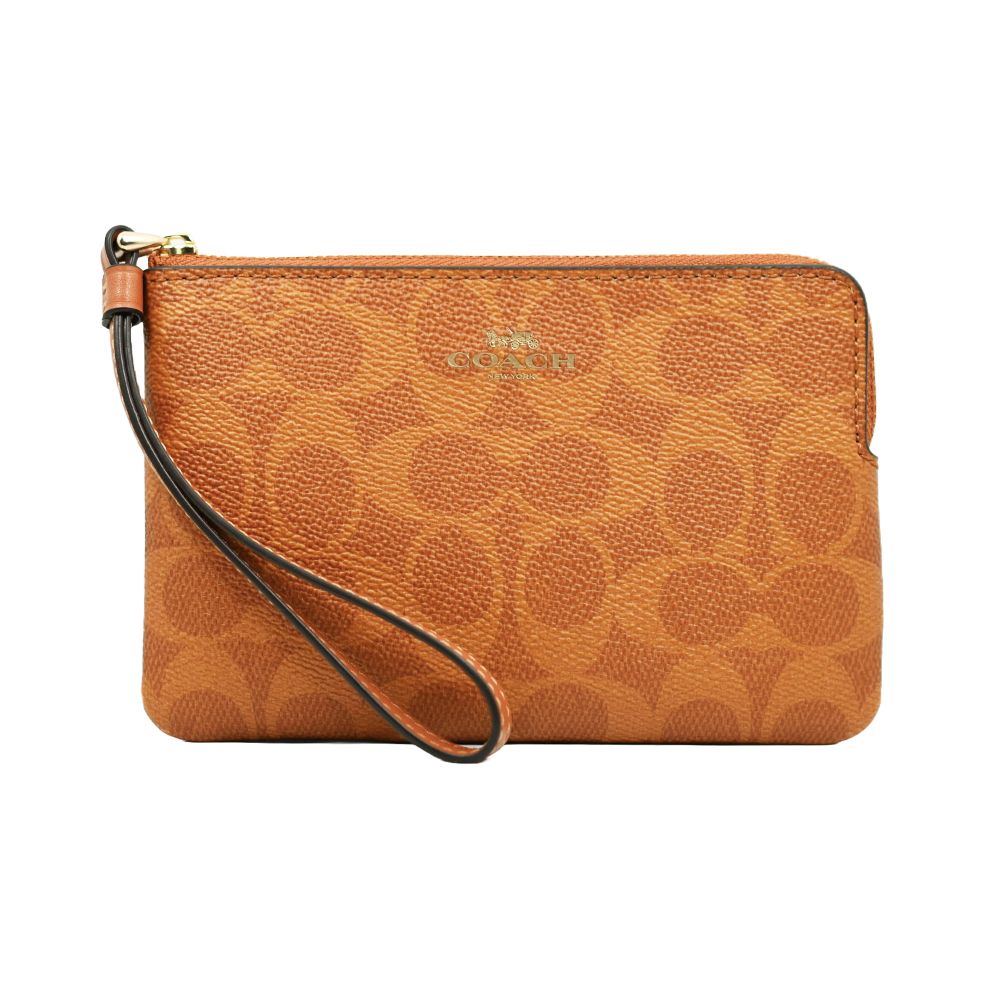 COACH 經典緹花LOGO皮革系列拉鍊手拿包零錢包 暗橘色 /平行輸入