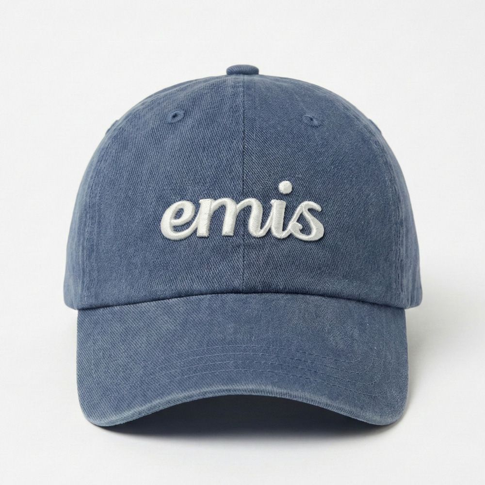 韓國 emis VINTAGE PIGMENT BALL CAP 水洗感草寫刺繡棒球帽 藍色BLUE