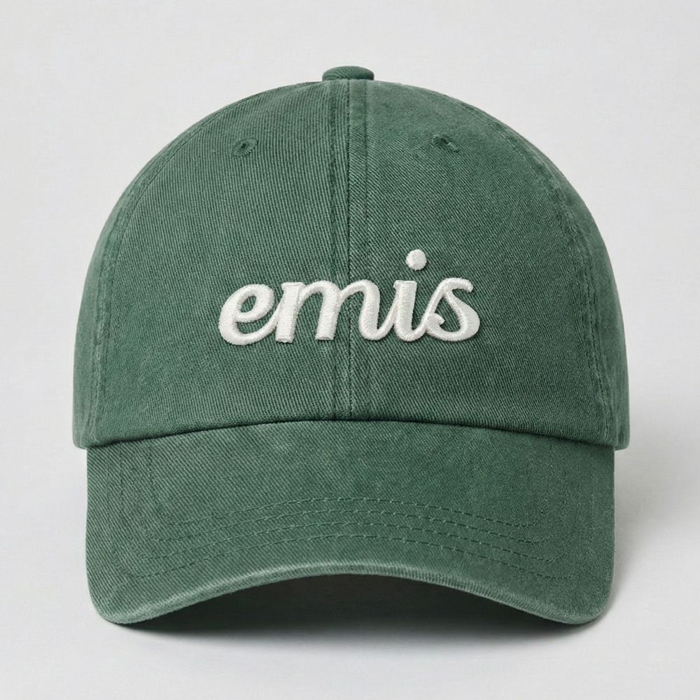 韓國 emis VINTAGE PIGMENT BALL CAP 水洗感草寫刺繡棒球帽 復古綠GREEN