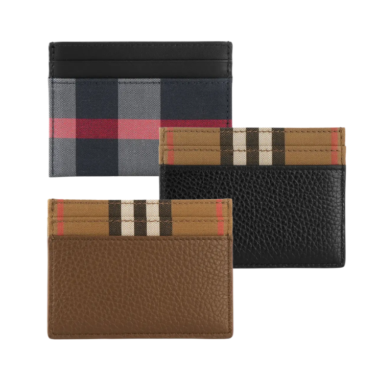 【BURBERRY】Sandon 皮革及格紋帆布4卡卡片夾/名片夾(黑色)/ 平行輸入