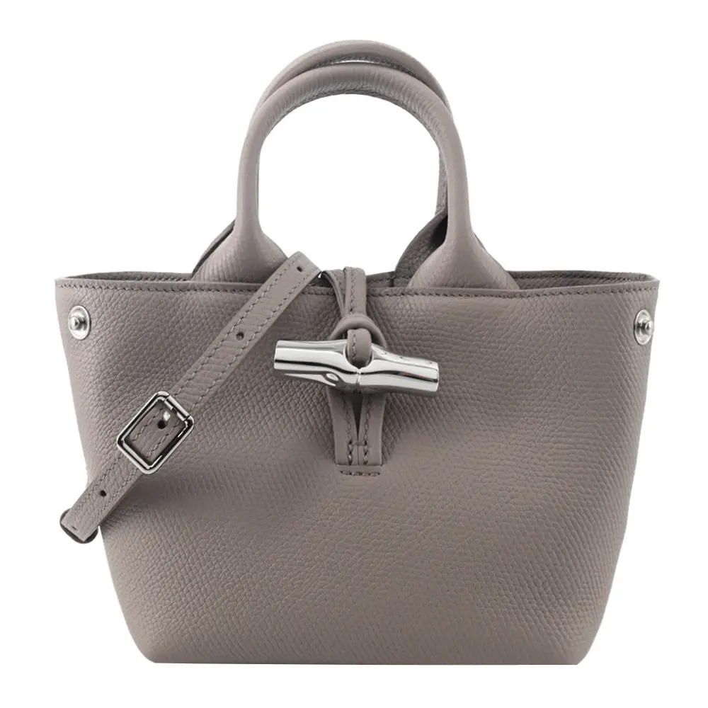 LONGCHAMP LE ROSEAU系列金屬竹節粒面牛皮手提/斜背兩用包(迷你/泥褐)/平行輸入