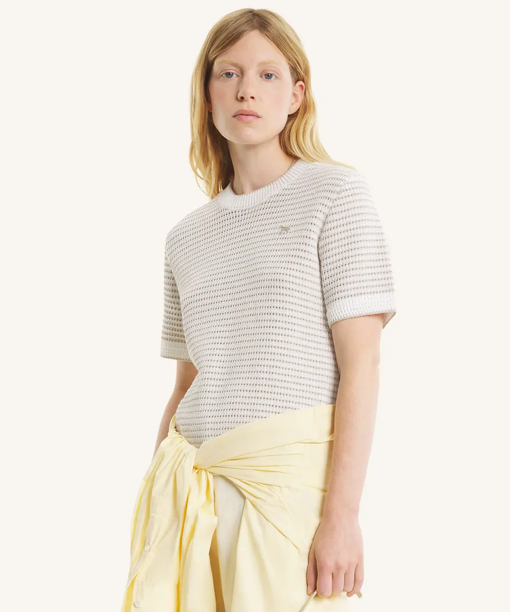 MAISON KITSUNÉ 鵜鶘米小狐狸LOGO條紋蕾絲針織短袖上衣/女裝/ M