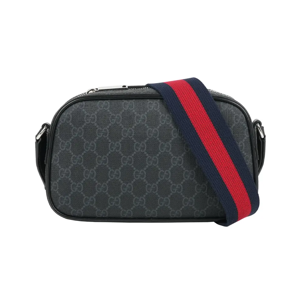 【GUCCI】GG Supreme 藍紅背帶拉鍊斜背包(黑灰色)/ 平行輸入