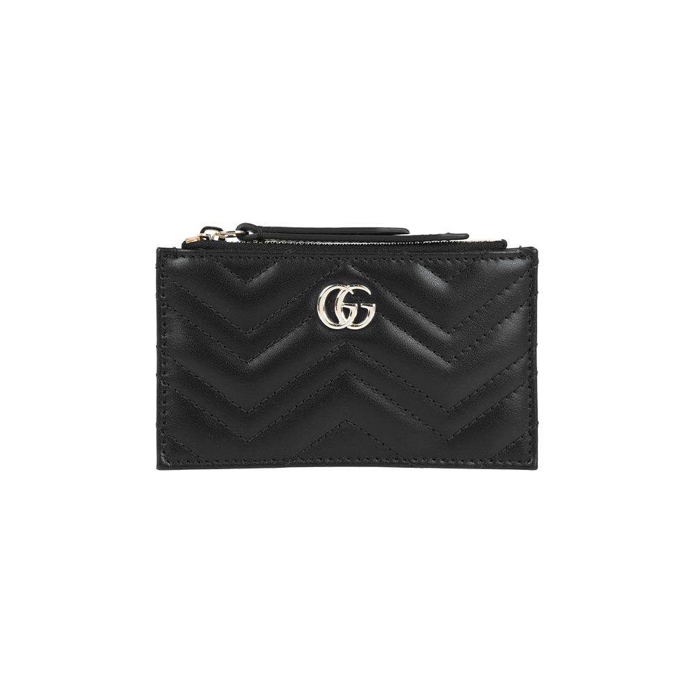 【GUCCI】金色GG Logo 縫線皮革拉鍊零錢包/鑰匙包(黑色)/ 平行輸入
