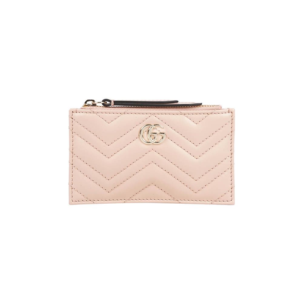【GUCCI】金色GG Logo 縫線皮革拉鍊零錢包/鑰匙包(裸粉色)/ 平行輸入