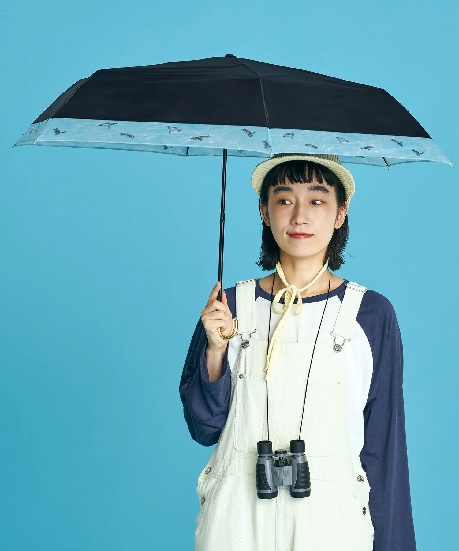 日本 Wpc. x 墨田水族館 完全遮光UV100%折傘/ Swimming Penguin Rim Organza Black