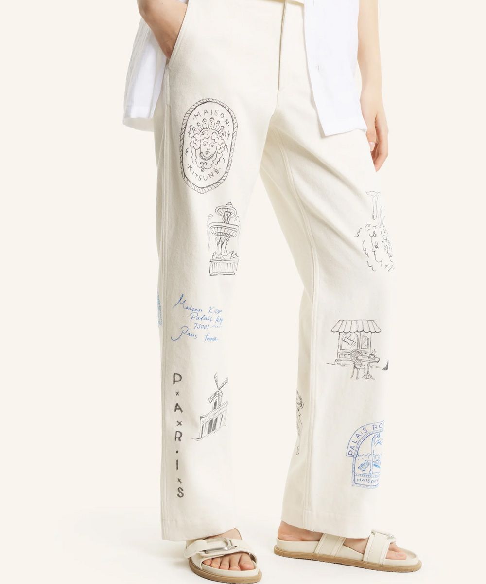 MAISON KITSUNÉ X KURO羊皮紙白旅遊札記長褲/中性/ 30