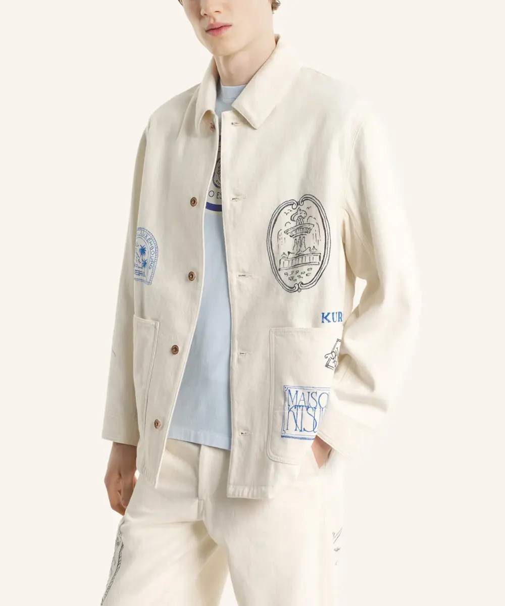 MAISON KITSUNÉ X KURO羊皮紙白旅遊札記工裝外套/中性/ M