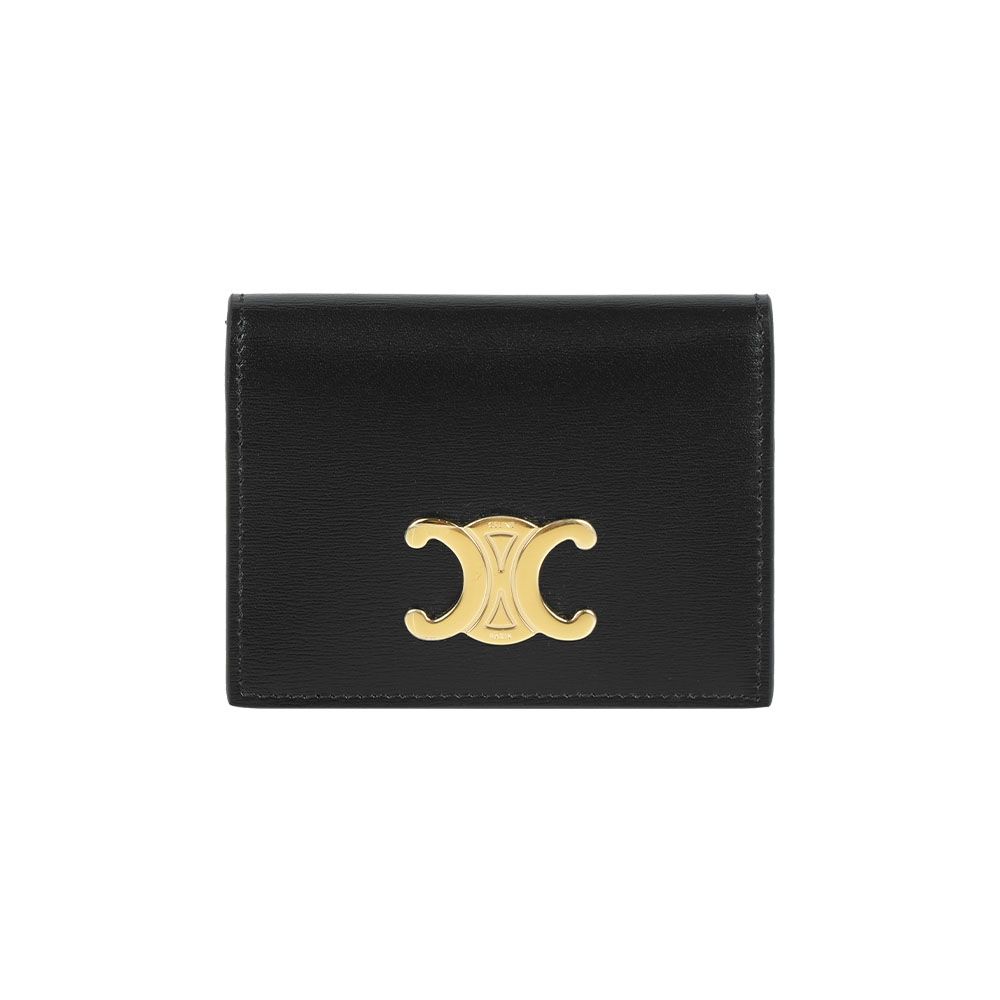 【CELINE】Triomphe 金釦牛皮二折卡片夾/名片夾(黑色)/ 平行輸入