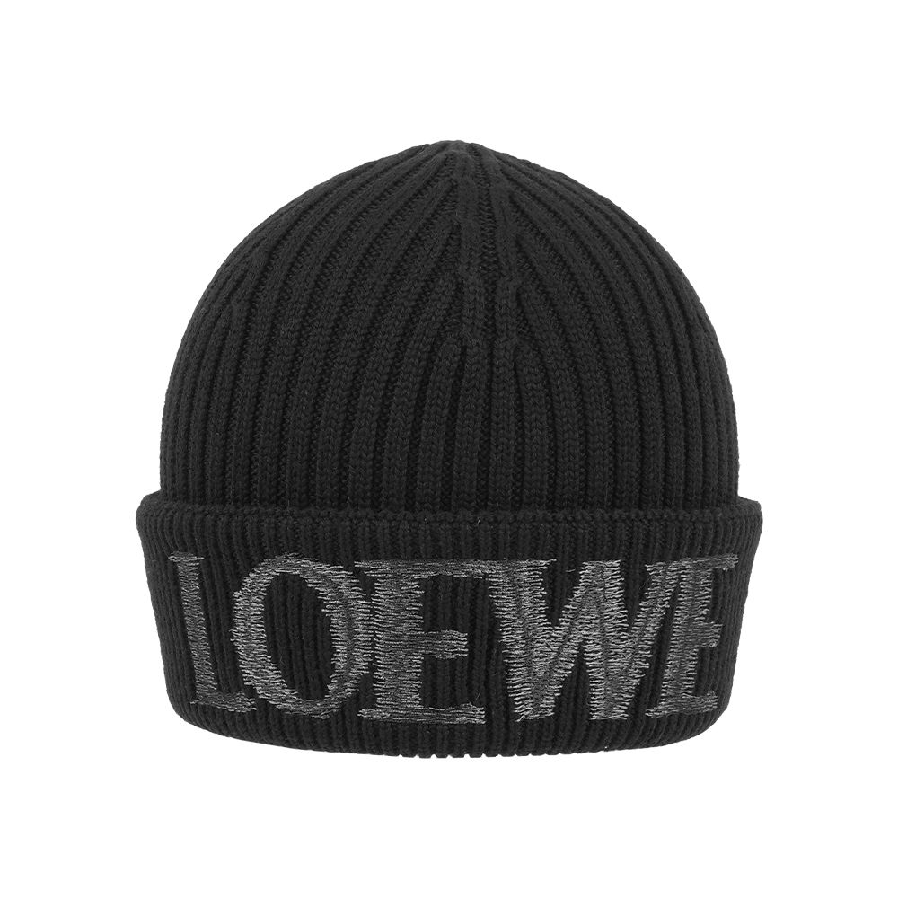 【LOEWE】Logo 縫線標誌針織羊毛毛帽(黑色)/ 平行輸入