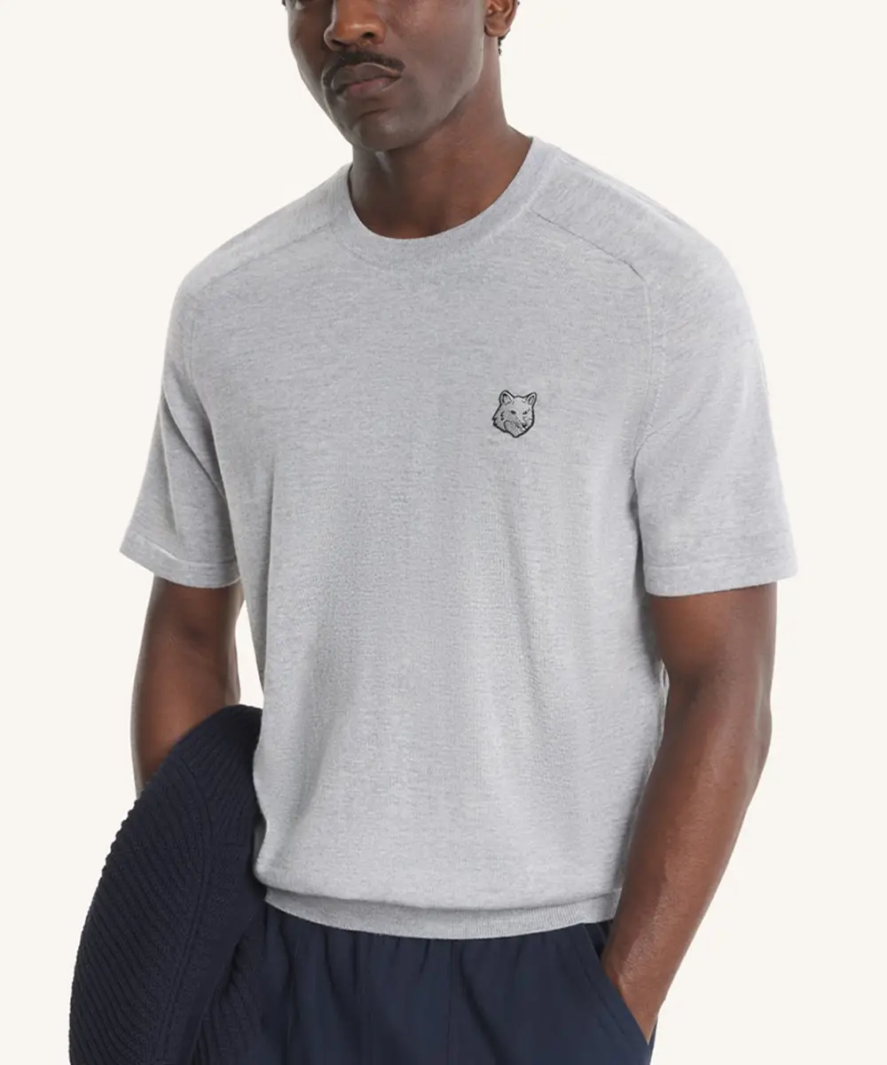 MAISON KITSUNÉ 中性灰變化狐狸頭LOGO短袖寬鬆毛衣/中性/男裝/ L