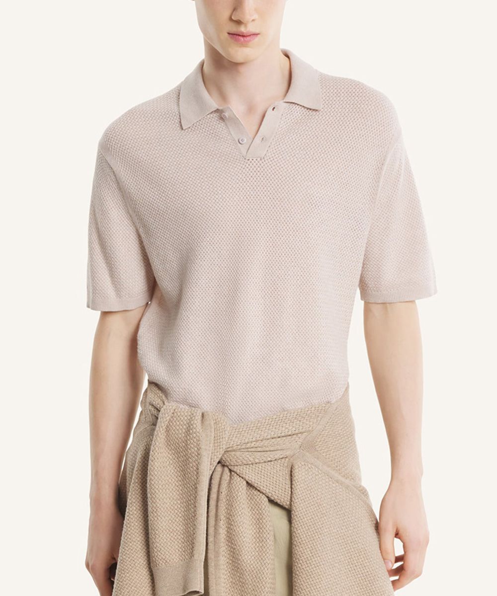 MAISON KITSUNÉ 淡丁香紫手繪LOGO美麗諾混紡短袖POLO衫/中性/男裝/ M
