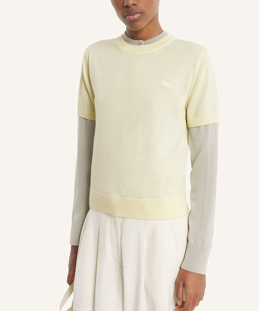 MAISON KITSUNÉ 檸檬舒芙蕾小狐狸LOGO特級美麗諾短袖毛衣/女裝/ XS