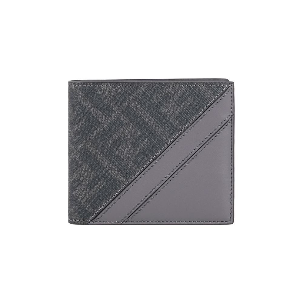 【FENDI】FF Logo 帆布及皮革對角設計8卡短夾(灰色)/ 平行輸入