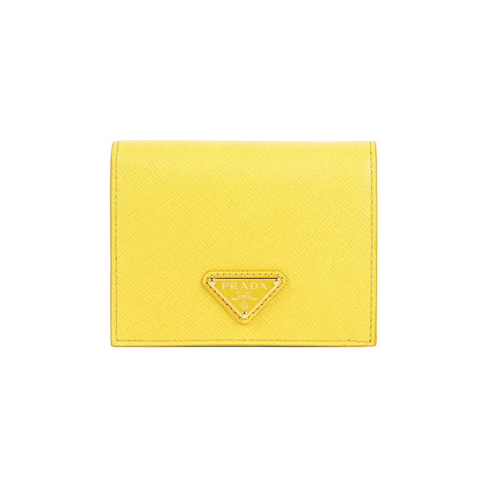 【PRADA】琺瑯三角牌Logo 防刮皮革二折零錢袋短夾(太陽黃)/ 平行輸入