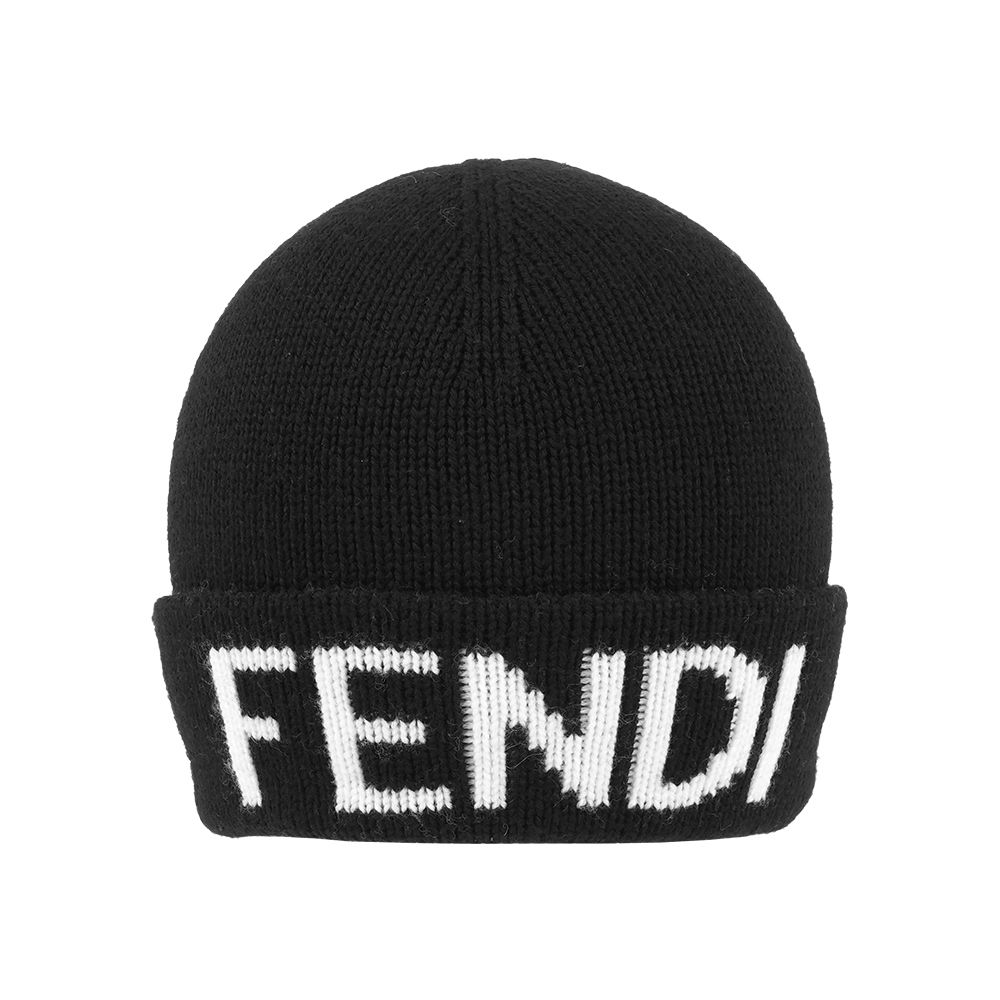【FENDI】白字Logo 羊毛毛帽(黑色)/ 平行輸入
