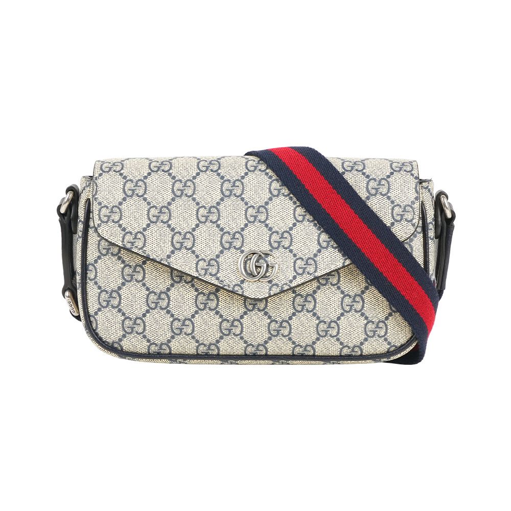 【GUCCI】Ophidia 塗層帆布及藍紅織帶信封式迷你斜背包(米色/烏木色)/ 平行輸入