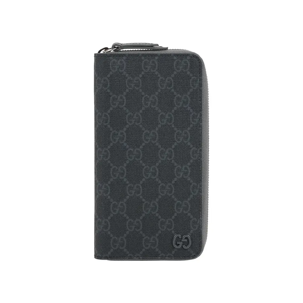 【GUCCI】Logo GG Supreme 塗層帆布ㄇ形拉鍊全開長夾(黑灰色)/ 平行輸入