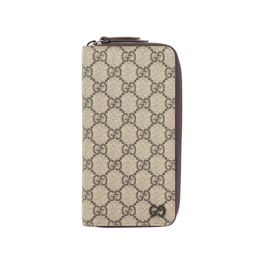 【GUCCI】Logo GG Supreme 塗層帆布ㄇ形拉鍊全開長夾(深棕色)/ 平行輸入