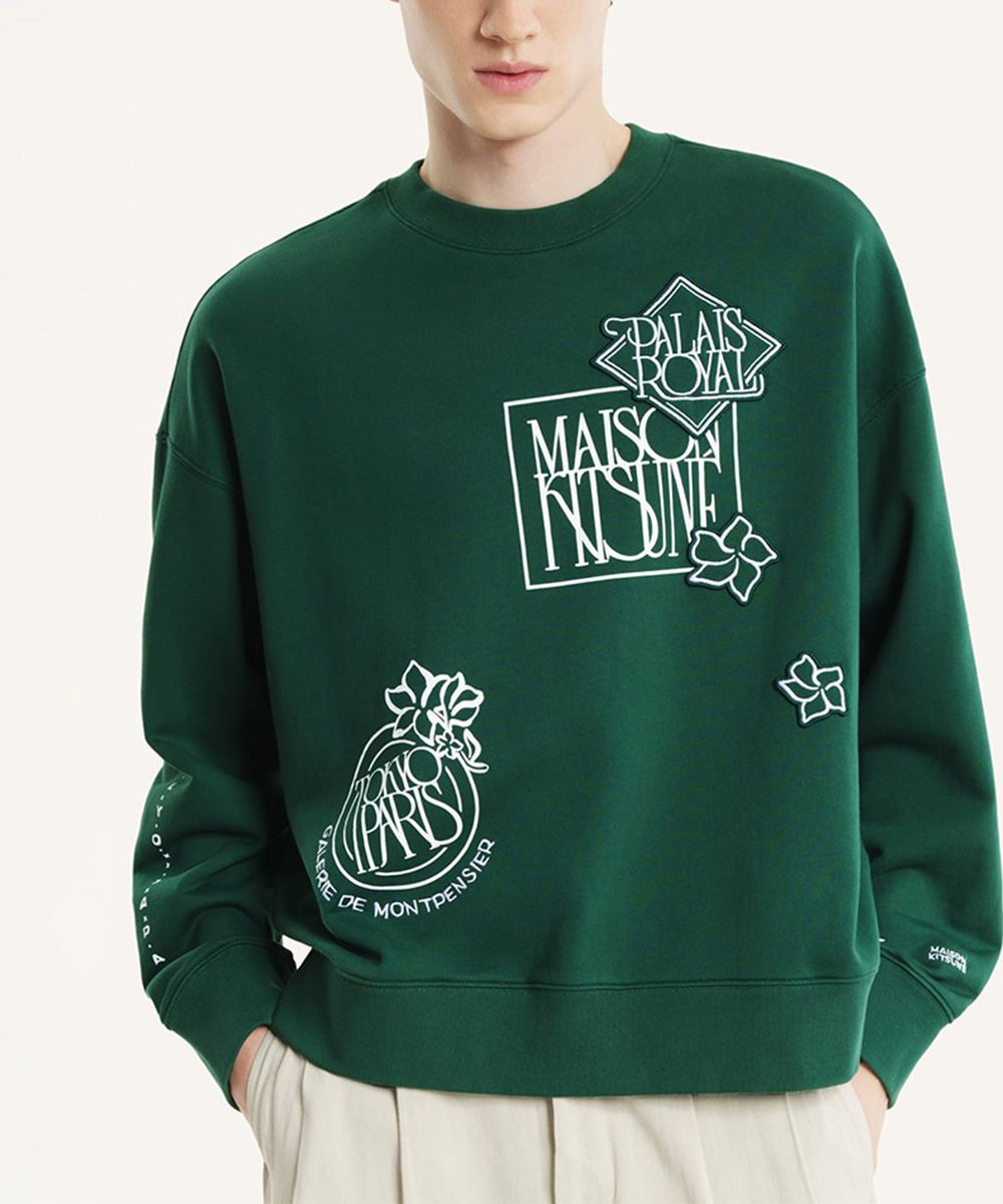 MAISON KITSUNÉ 墨瓶綠新藝術風勳章印花寬鬆衛衣/中性/男裝/ M