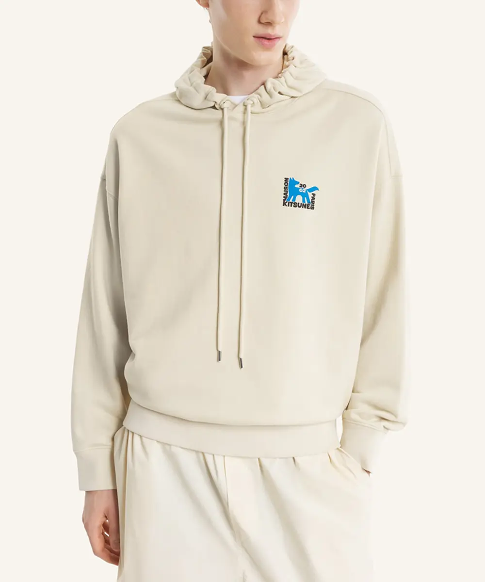 MAISON KITSUNÉ 奶油杏仁色抽象派狐狸印花寬鬆連帽衛衣/中性/男裝/ S