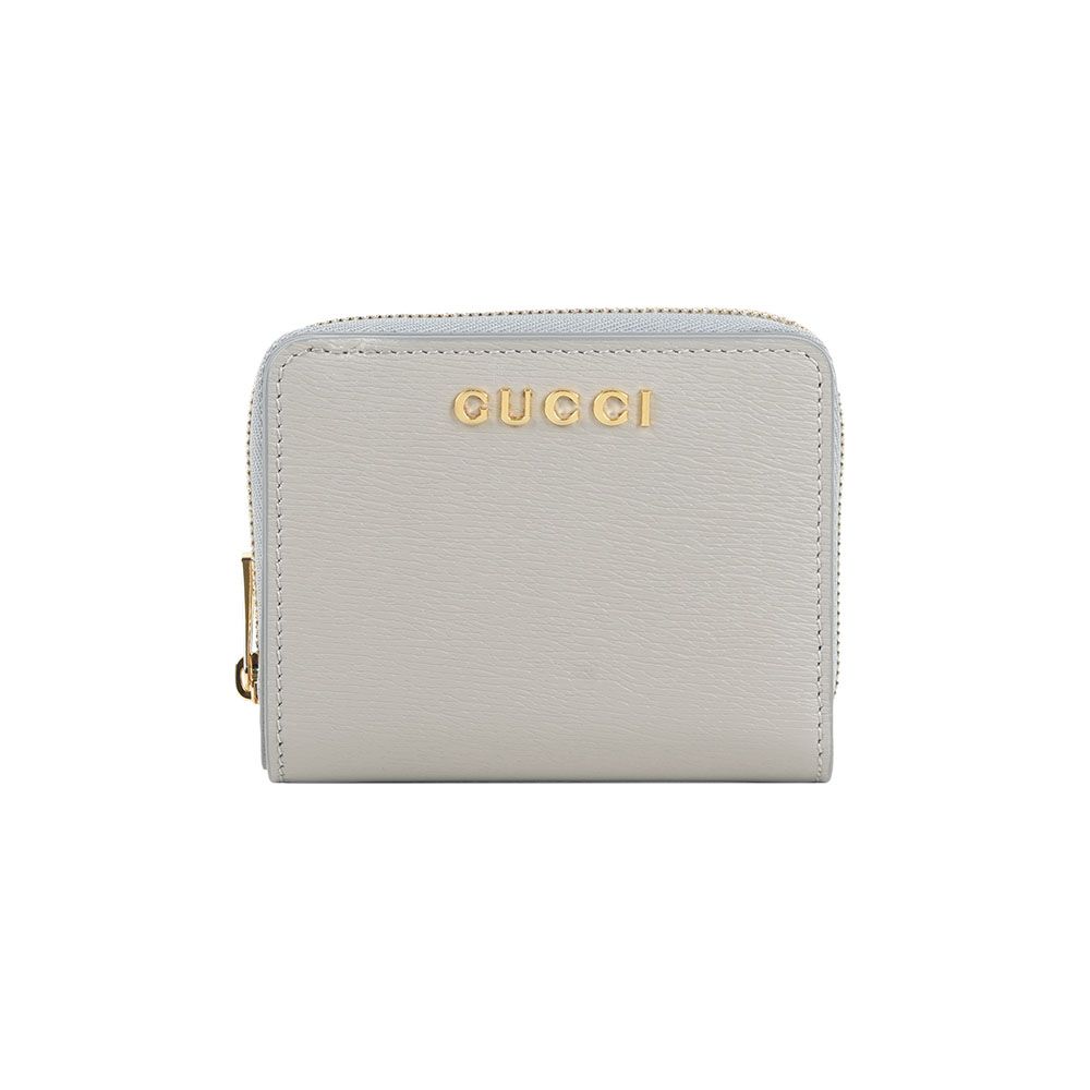 【GUCCI】金字Logo 拉鍊零錢袋暗釦二折短夾(灰色)/ 平行輸入