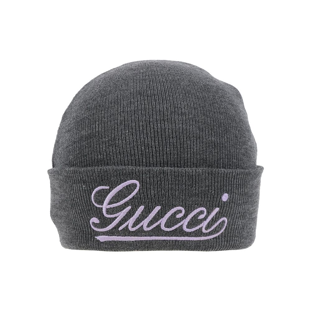 【GUCCI】粉字Logo 刺繡羊毛毛帽(灰色)/ 平行輸入