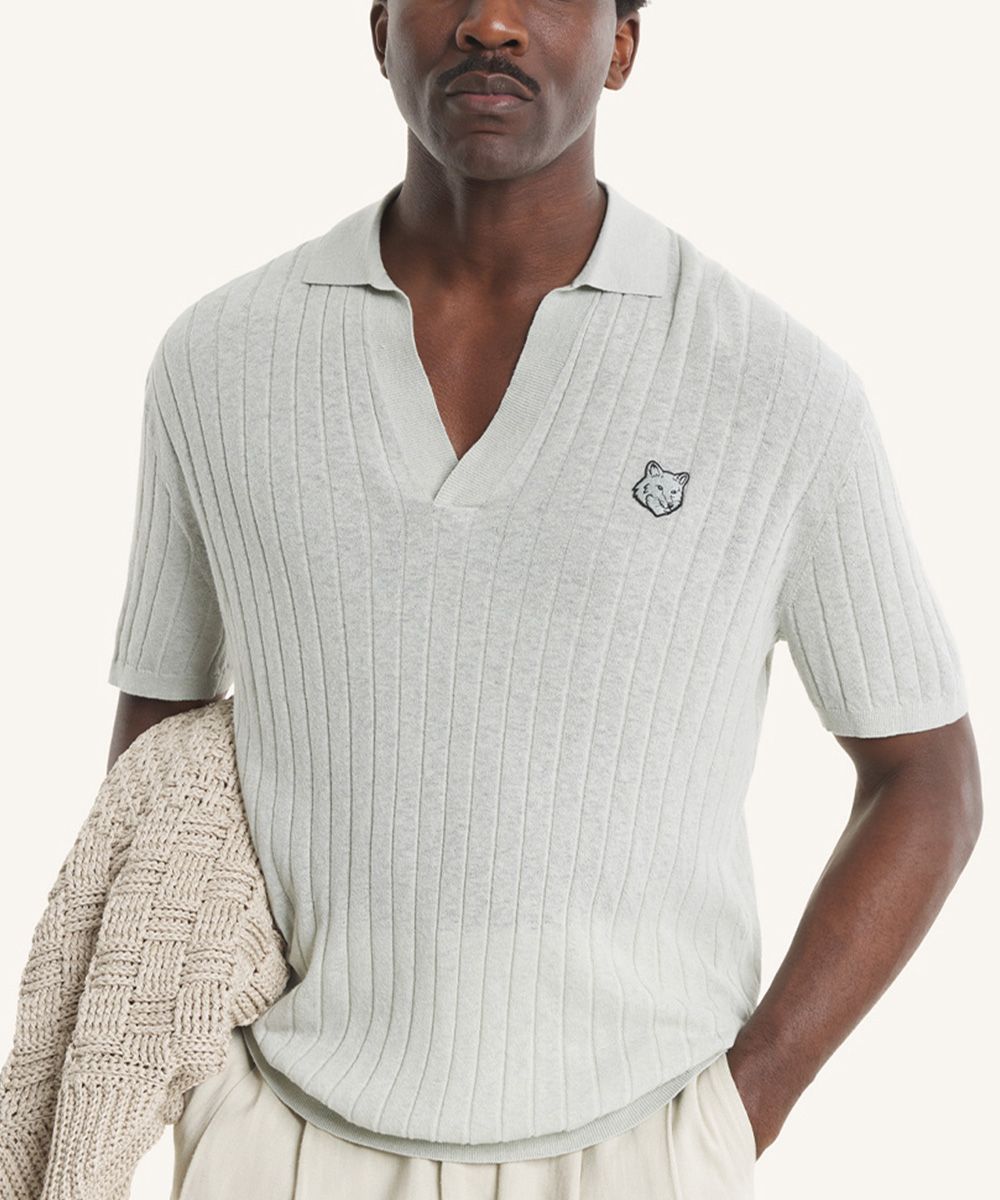 MAISON KITSUNÉ 柔礦灰變化狐狸頭LOGO棉麻混紡羅紋POLO衫/中性/男裝/ XL