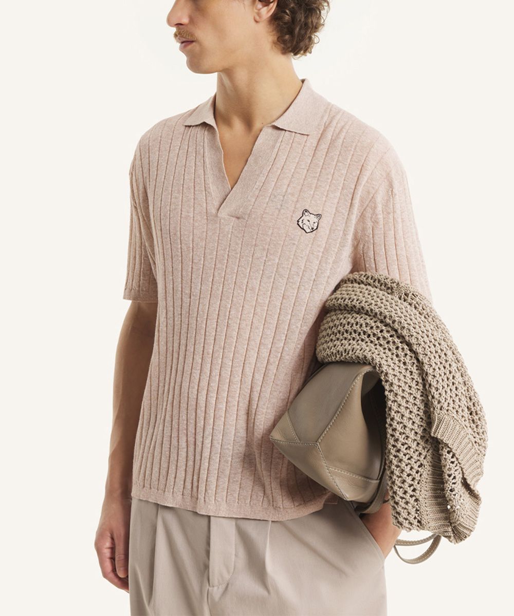 MAISON KITSUNÉ 柔霧奶茶色變化狐狸頭LOGO棉麻混紡羅紋POLO衫/中性/男裝/ L