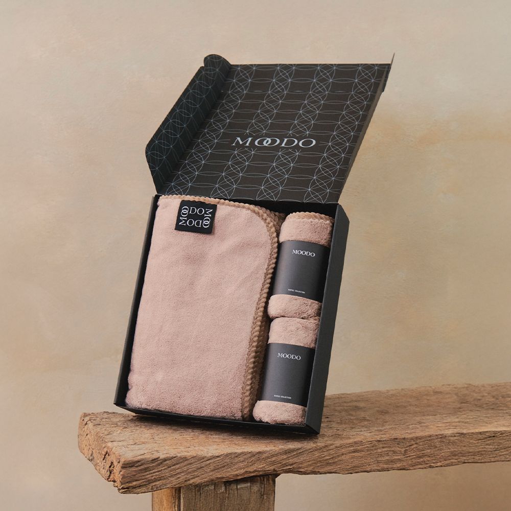 MOODO 沐兜｜舒芙蕾浴巾禮盒 - 霧砂米 (浴巾X1+毛巾X2)