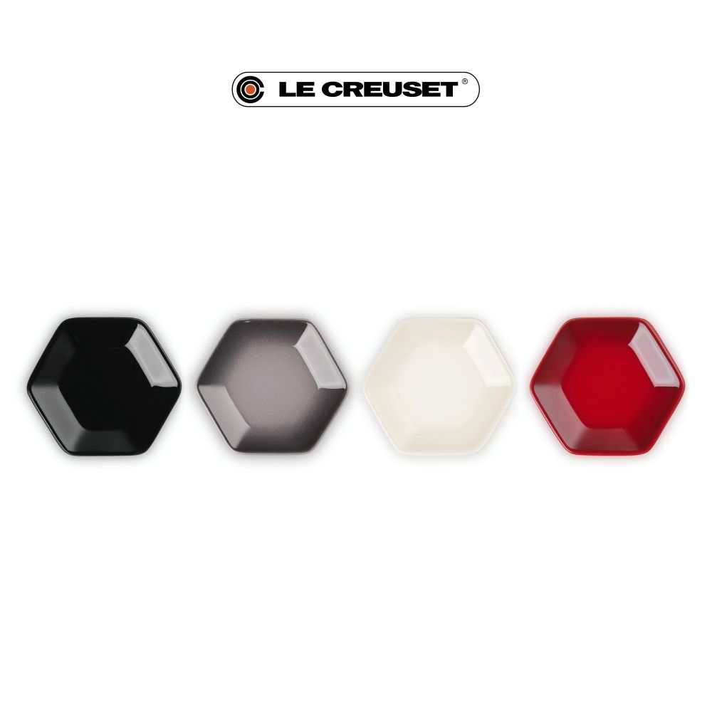 LE CREUSET瓷器六角醬料碟9.5cm/ 4入組/ 櫻桃紅/燧石灰/蛋白霜/閃亮黑