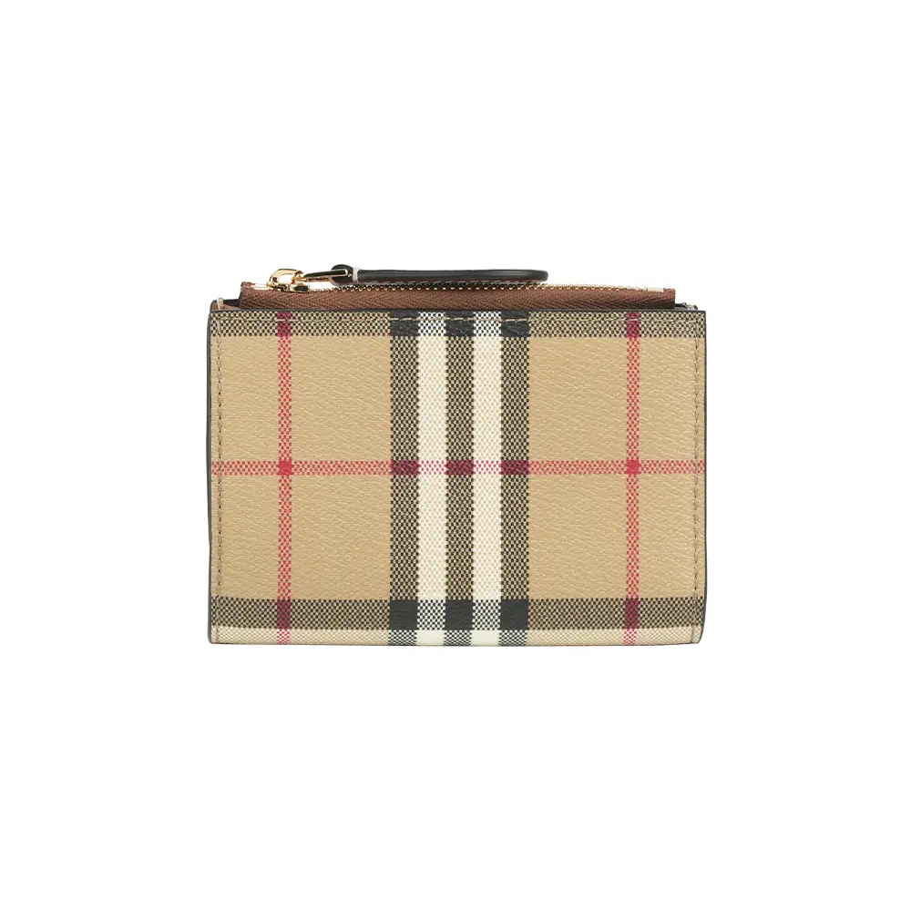【BURBERRY】格紋及小牛皮釦式二折短夾(經典米色/石楠木棕)/ 平行輸入