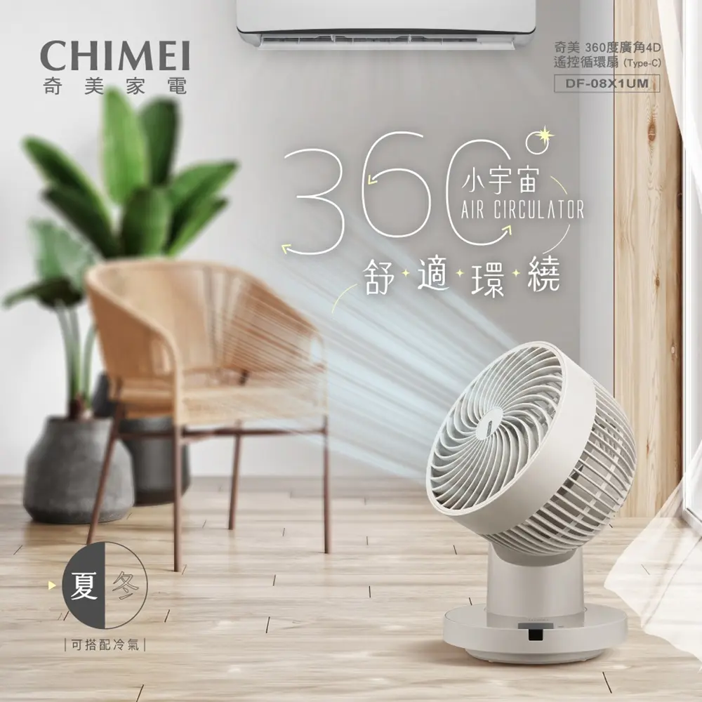 【CHIMEI 奇美 】8吋DC馬達360度廣角4D遙控循環扇-Type C電源輸入易攜帶【DF-08X1UM】
