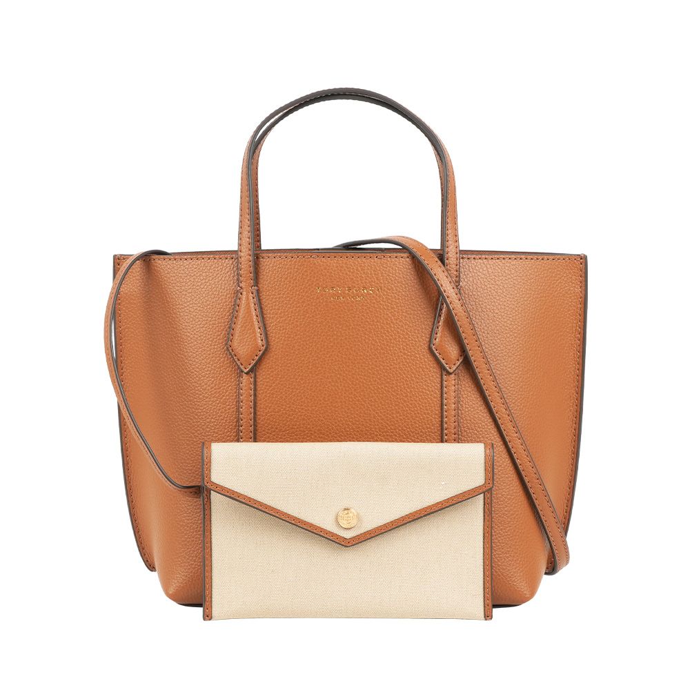 【TORY BURCH】Perry 粒紋皮革附小袋小款二用托特包(秋天棕)/ 平行輸入