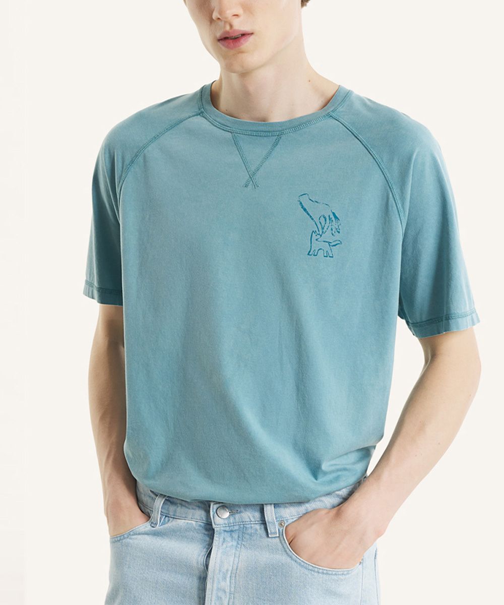 MAISON KITSUNÉ 洗舊岩灰藍協和廣場噴水池印花舒適短TEE/中性/男裝/ S