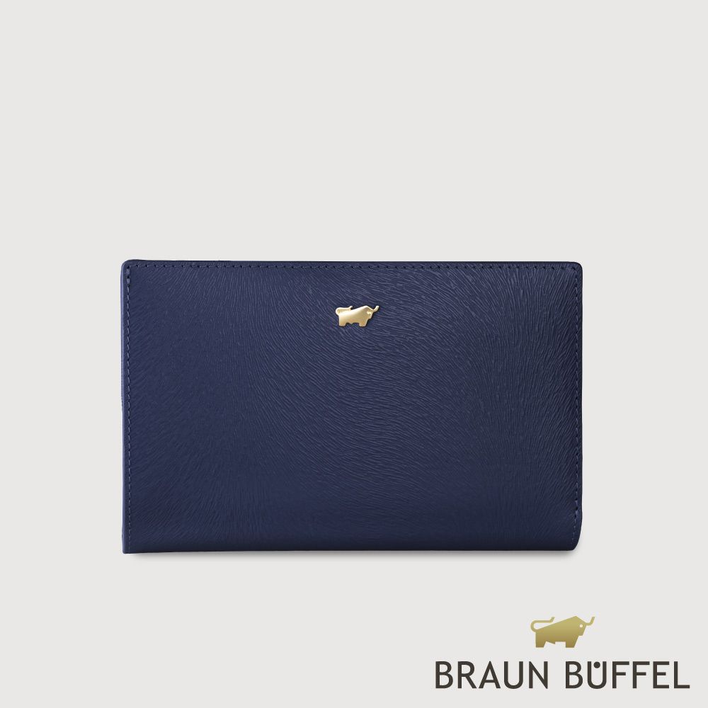 【BRAUN BUFFEL 德國小金牛】台灣總代理 萊納斯-TW  11卡兩折釘扣中夾-午夜藍/BF891-502-MNB