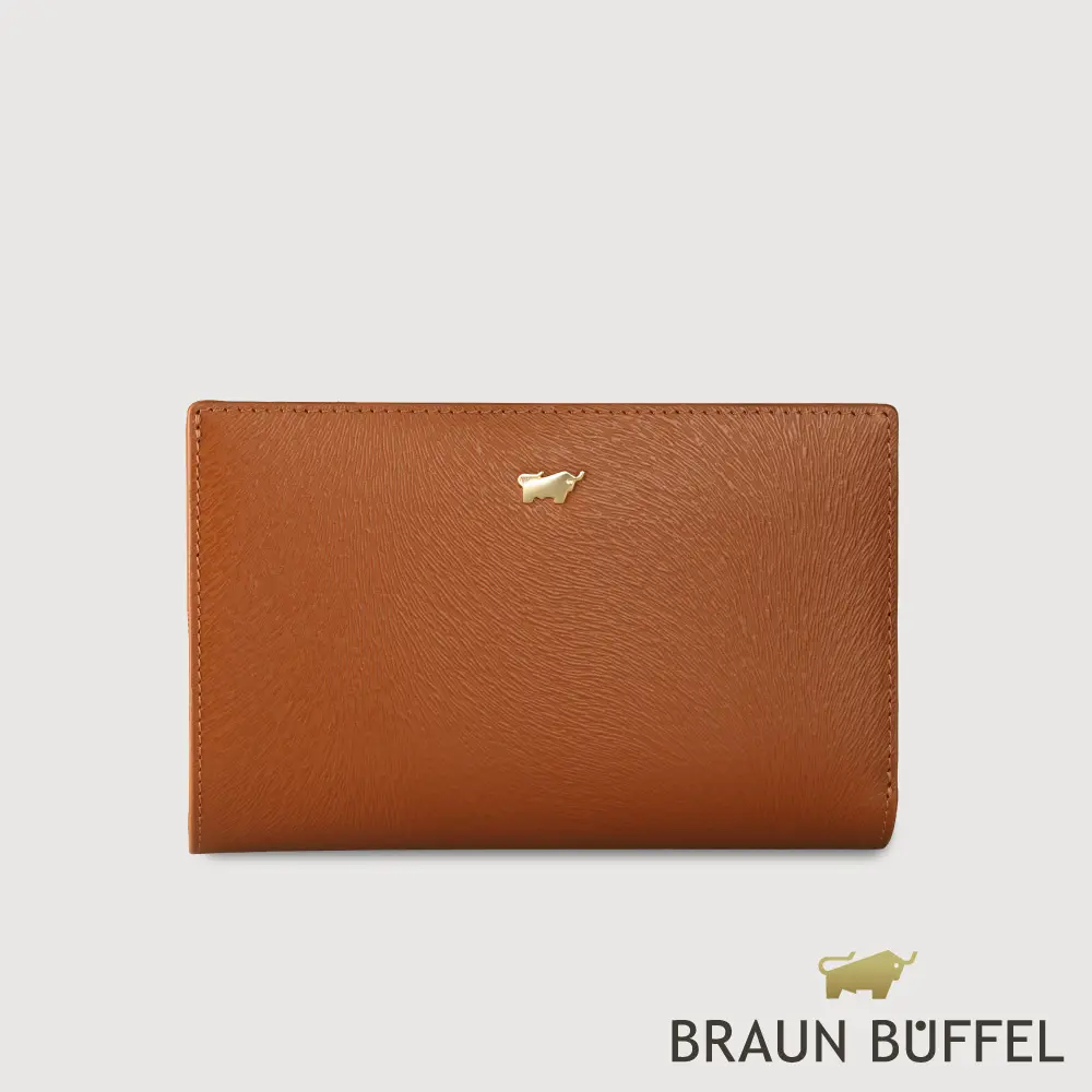 【BRAUN BUFFEL 德國小金牛】台灣總代理 萊納斯-TW  11卡兩折釘扣中夾-杏仁巧克力色/BF891-502-SAL