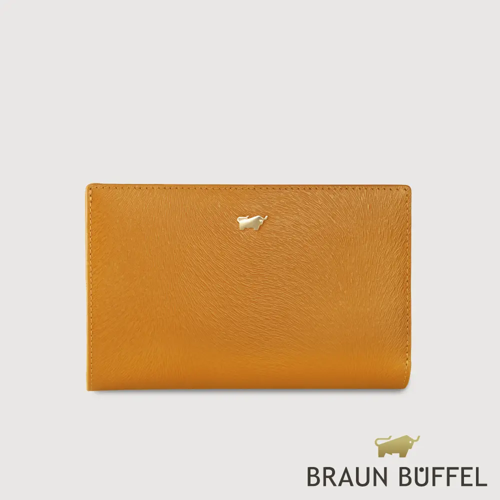 【BRAUN BUFFEL 德國小金牛】台灣總代理 萊納斯-TW  11卡兩折釘扣中夾-日晷黃/BF891-502-SD