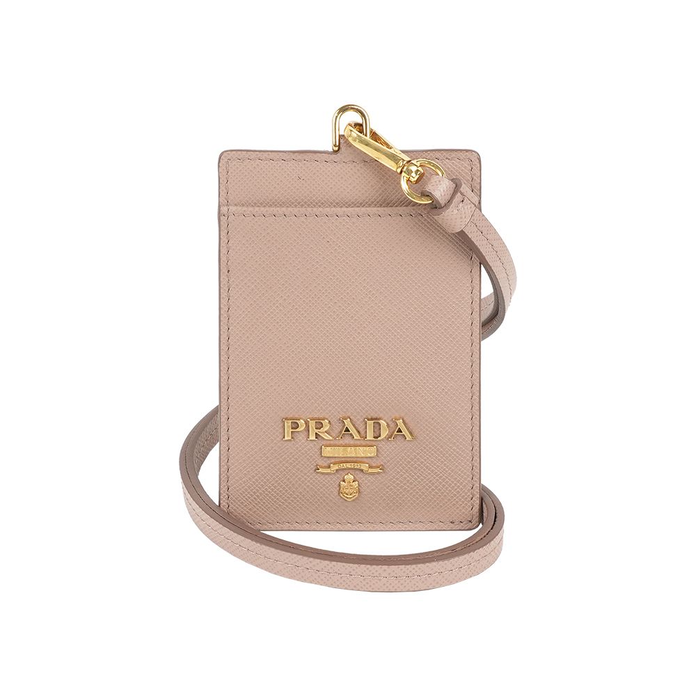 【PRADA】浮雕Logo 防刮皮革掛式證件套/卡夾(藕粉色)/ 平行輸入