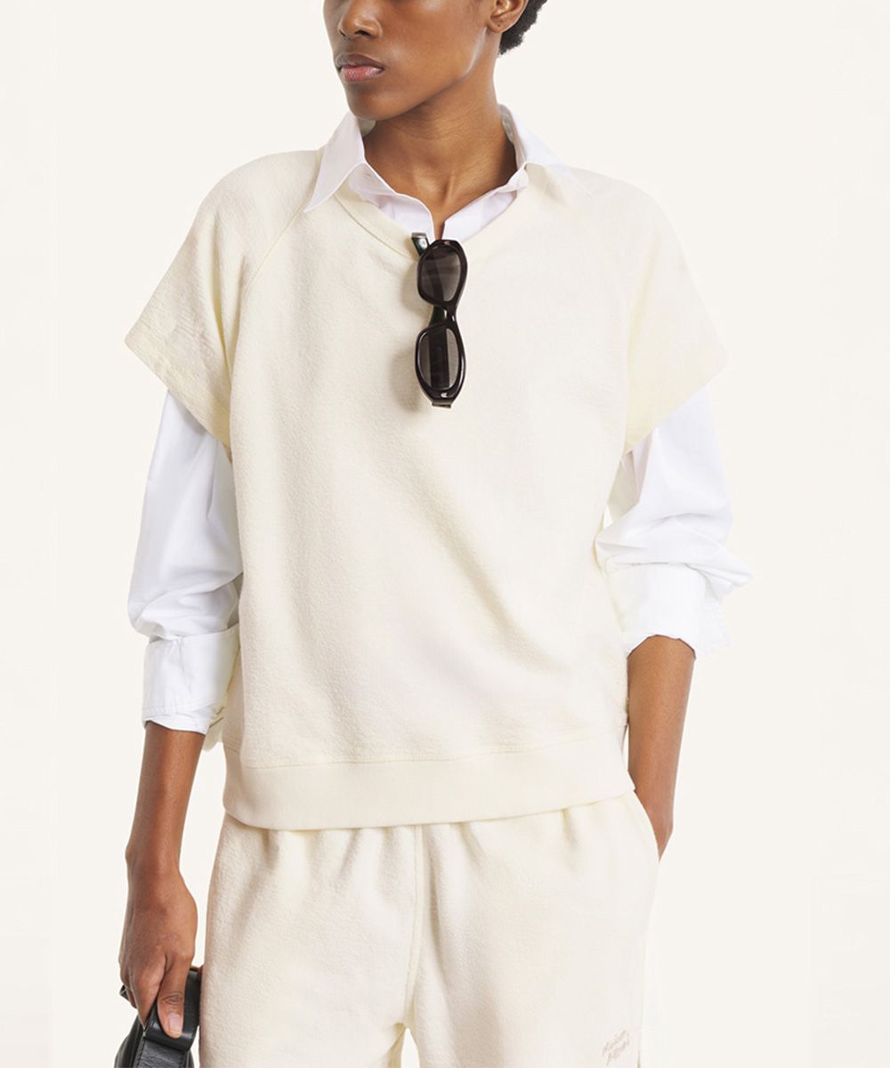 MAISON KITSUNÉ 奶霜白手繪LOGO紋理織紋短TEE/女裝/ M