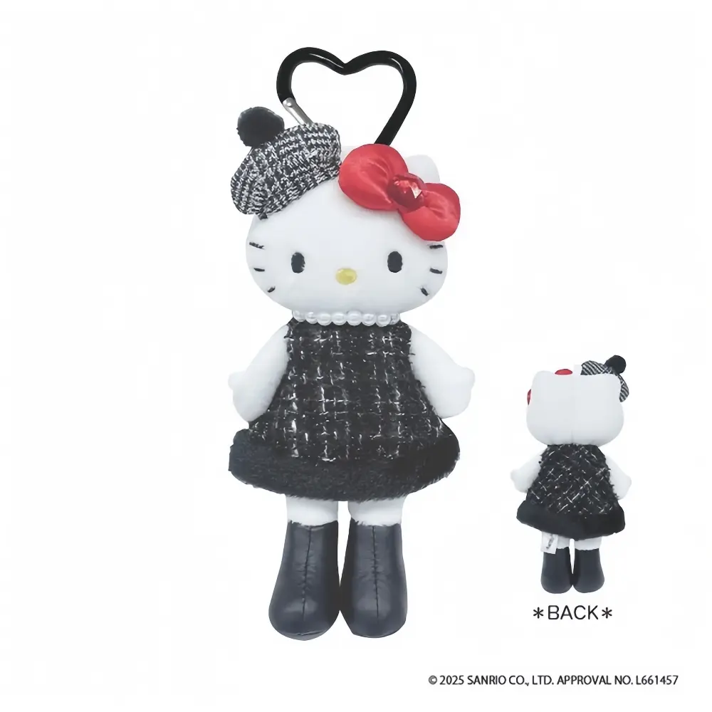 Hello Kitty 三麗鷗 長腿吊飾 小香風貴婦長腿 黑色毛呢格子洋裝 日本正版授權/ 平行輸入