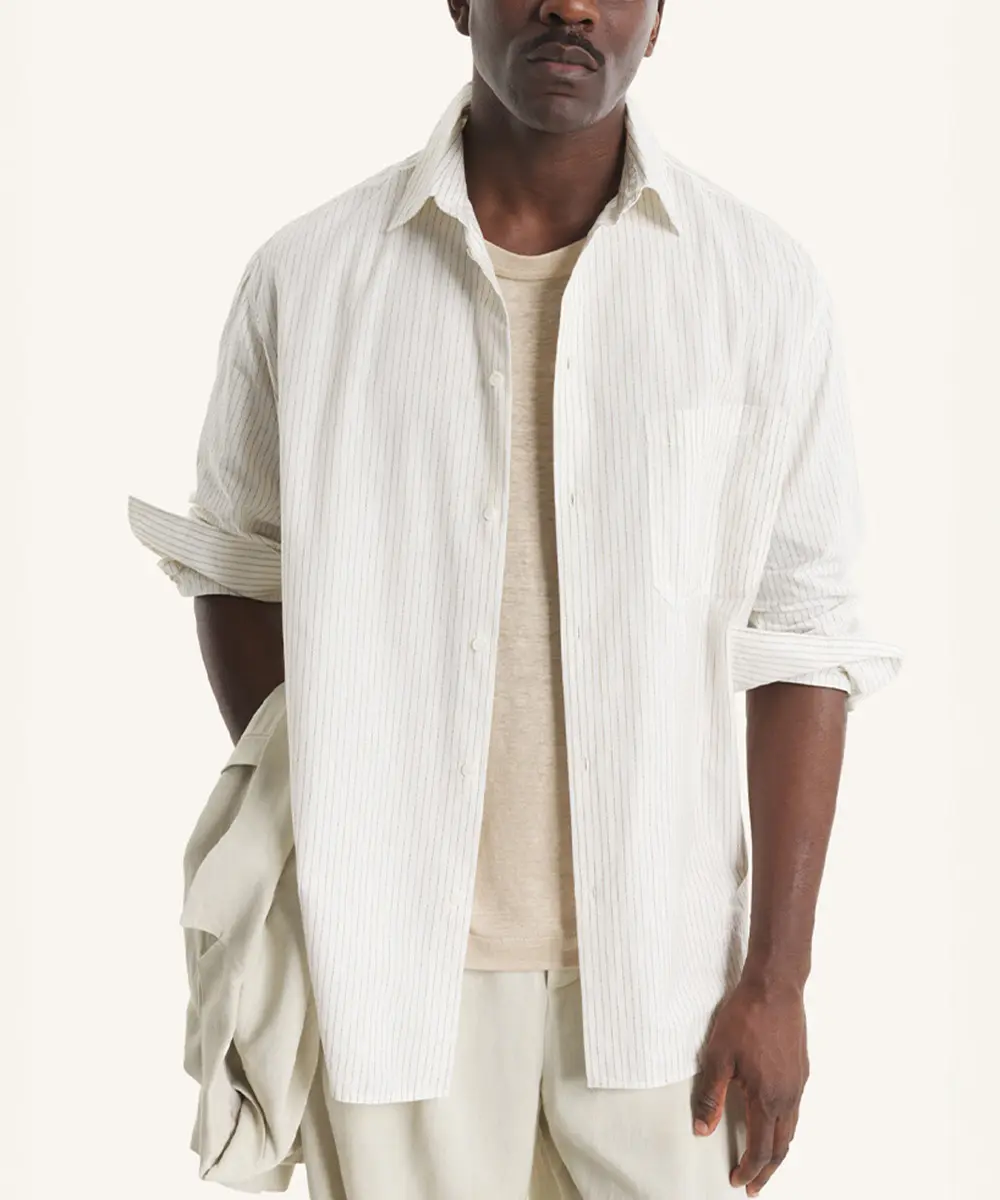 MAISON KITSUNÉ 奶霜白點狀條紋手繪LOGO寬鬆襯衫/中性/男裝/ M