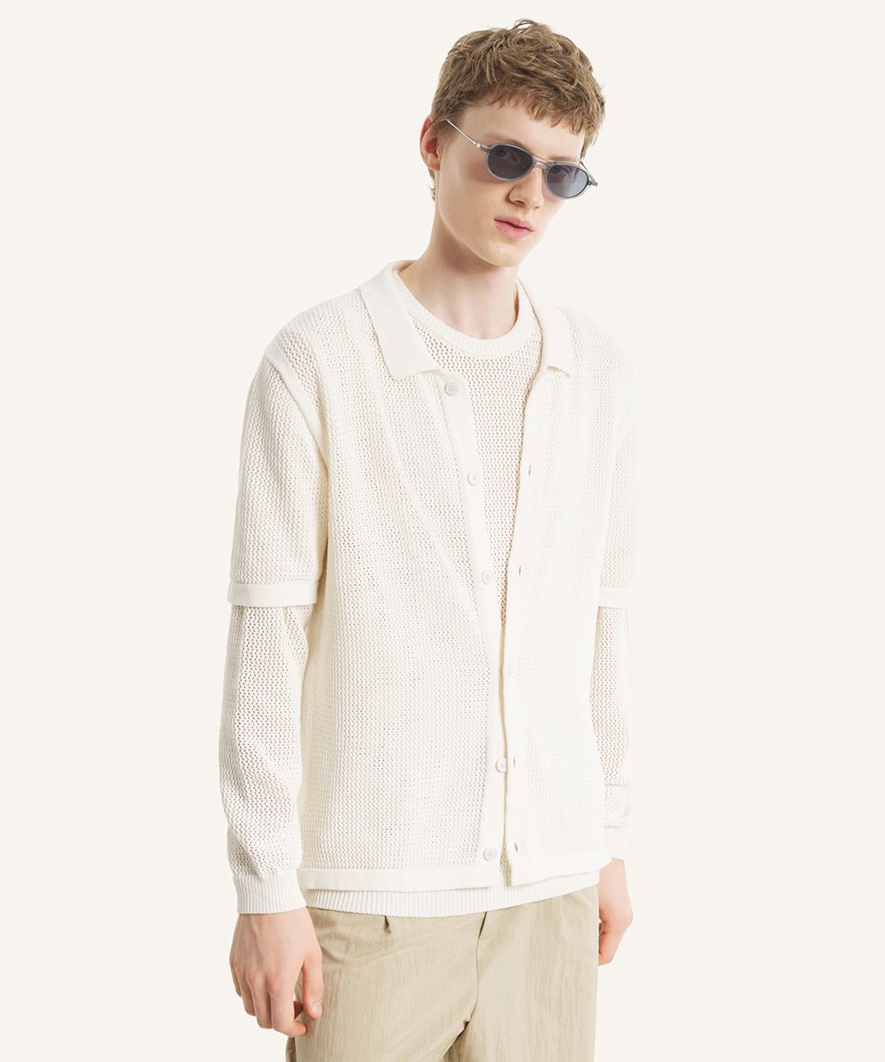 MAISON KITSUNÉ 奶霜白點狀開針短袖寬鬆開襟針織衫/中性/男裝/ XL